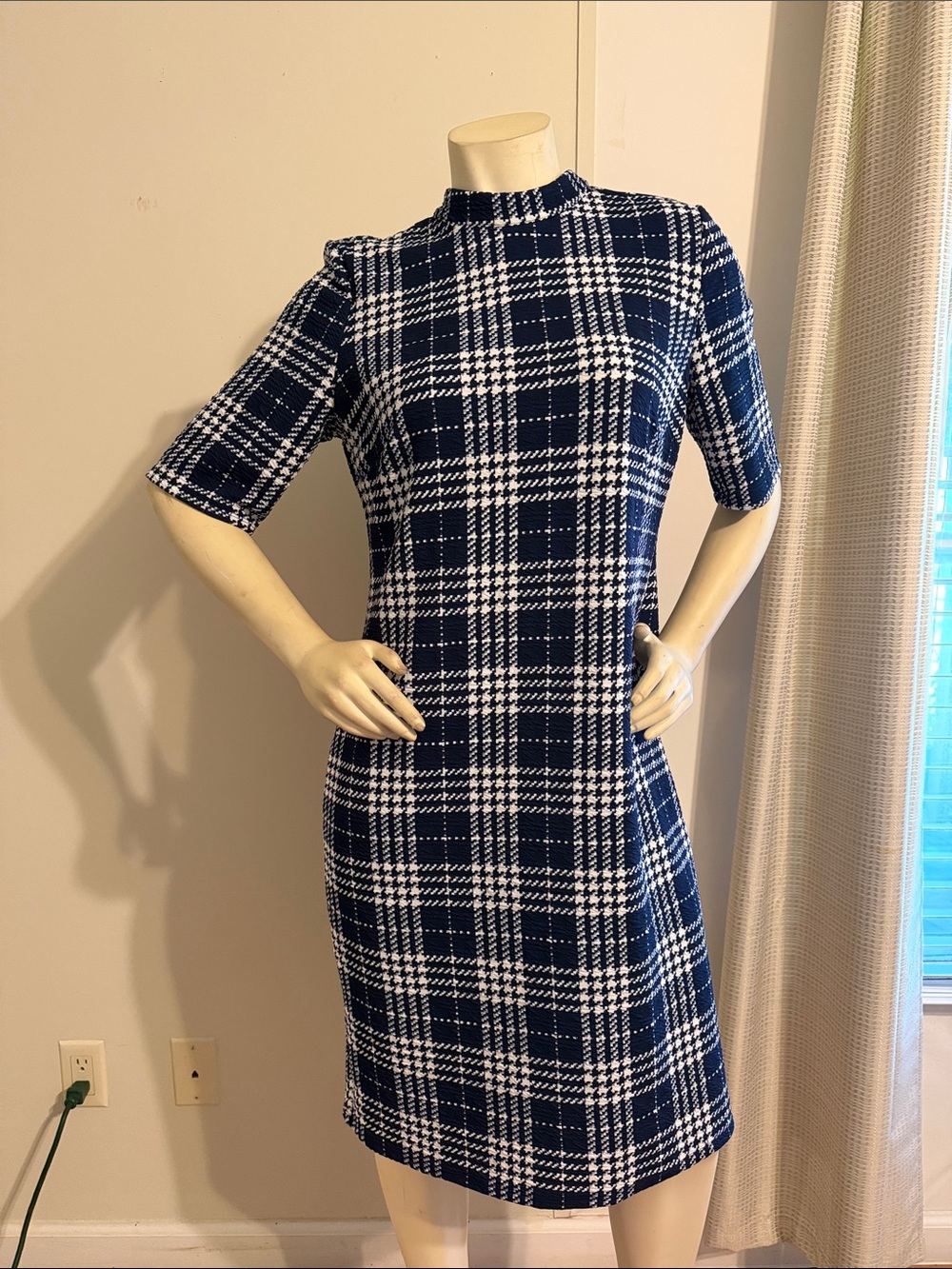Tacera Navy and White Plaid Midi Dress